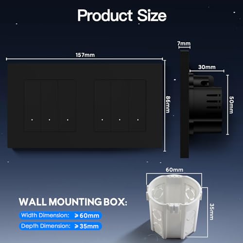 BSEED Smart WIFI Lichtschalter Unterputz, 3 Fach 1 Weg + 3 Fach 1 Weg, Wlan Wandschalter mit PC Rahmen, Intelligente Taster Schalter kompatibel mit Alexa/Google Home/Tuya/Smart Life, Schwarz