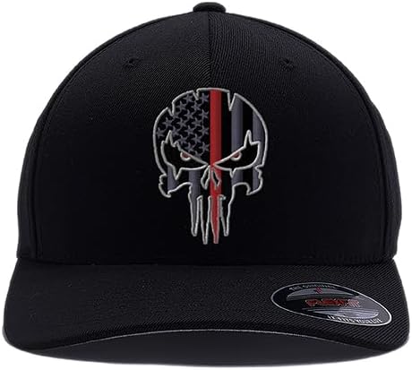 G&B Red Thin Red/Blue Line Spartan Helmet & Distressed Skull Flex Baseball Cap. Embroidered. 6277/6477 Flex Baseball Hat - Image 3