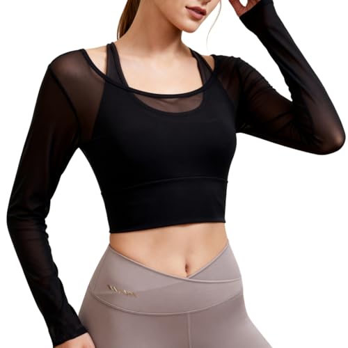 Harssidanzar Womens 2 in 1 Yoga Long Sleeve Mesh Gym Athletic Tops Workout Shirts with Medium Support Sports Bra CL301US Black Size Small