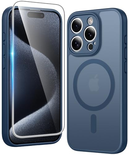 Image of FNTCASE for iPhone 15 Pro Case: Matte Magnetic Phone Cases with Screen Protector Compatible with Magsafe Slim Anti Yellowing Rugged Shockproof Protective Translucent Cell Phone Cover (C-Blue)