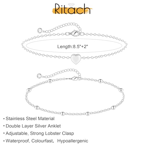 Image of Ritach Ankle Bracelets for Women - Silver /Gold Plated Stainless Steel Anklets for Women Waterproof Layered Cuban Link Figaro Chain Heart Anklets Set Summer Beach Jewelry Gifts