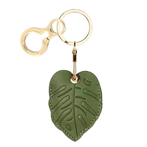 Leather Keychain Holder Case Compatible with Apple AirTag, Cute Protective Air Tag Cover with Keychain Ring, Anti-Scratch Finder GPS Tracker Case for Wallet Keys(Small Leaves)