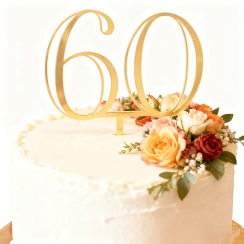 Gold Number 60 Cake Topper Acrylic Happy 60th Birthday Anniversary Party Cake Decorations Sixty Birthday Cake Charm Supplies (60)