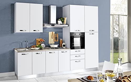 Cocina completa con electrodomésticos (horno, fregadero, campana de cocina) diseño lineal - blanco mate - Dimensiones: 300 x 60 x 240 cm - fregadero a la izquierda