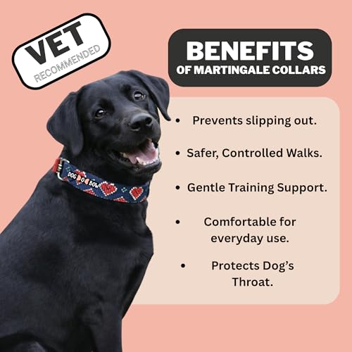 Image of Dog-O-Bow Cotton Blue and Red Heart Martingale Dog Collar, Durable, Comfortable & Adjustable Training Collar (Extra Large)