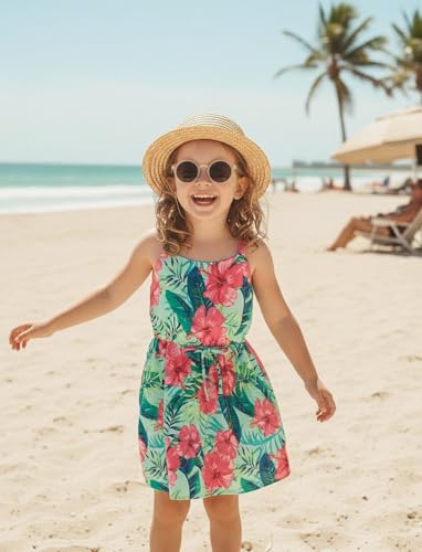 Image of PATPAT Girls Summer Dress Hawaiian Floral Beach Tropical Sundress 2-7 Years | Midi Spaghetti Strap Dress with Lining