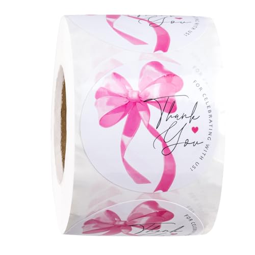 WRAPAHOLIC 2 Inch 500 Total Lables - Pink Bow Stickers - Watercolor Bow Gift Stickers, Thank You for Celebrating with Us Sticker, Shipping Sticker for Baby Shower, Birthday Party and Craft