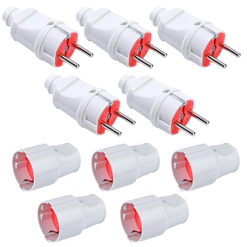 Lot de 5 paires de fiches Schuko, 250 V 16 A, IP20, en caoutchouc, pour l'extérieur, avec contact de protection, 2 pôles, étanche, blanc, fiche Schuko et raccord en caoutchouc sans câbles