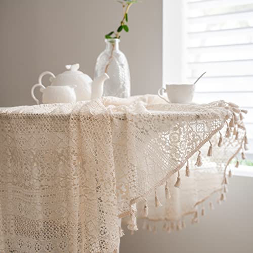 Virfonor Beige Round Lace Tablecloths With Tassels, Washable Crochet Vintage Cotton Table Cover For Kitchen Dinner Wedding Party Banquet Décor, 59Inch #TOP3