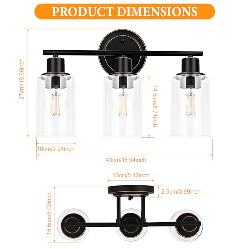 Image of Oil Rubbed Bronze 3-Light Bathroom Vanity Light Fixture Over Mirror, 3-Light Oil Rubbed Bronze Vanity Lights for Bathroom Three Bulb Wall Sconce Over Sink