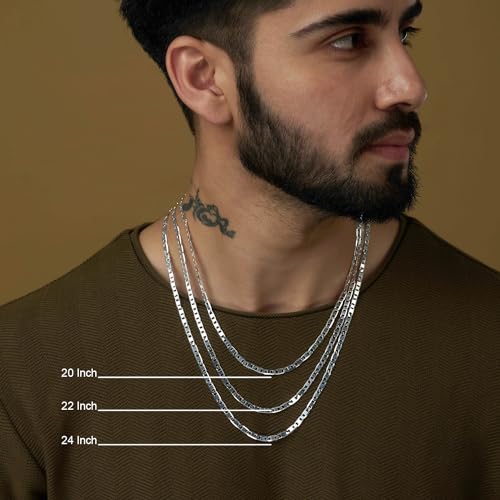 LeCalla Solid 925 Sterling Silver Italian 3 MM, 4 MM Diamond-Cut Solid Flat Mariner Link Chain Necklace for Women Men with Lobster Clasp, Made in Italy (16, 18, 20, 22, 24 Inches)3