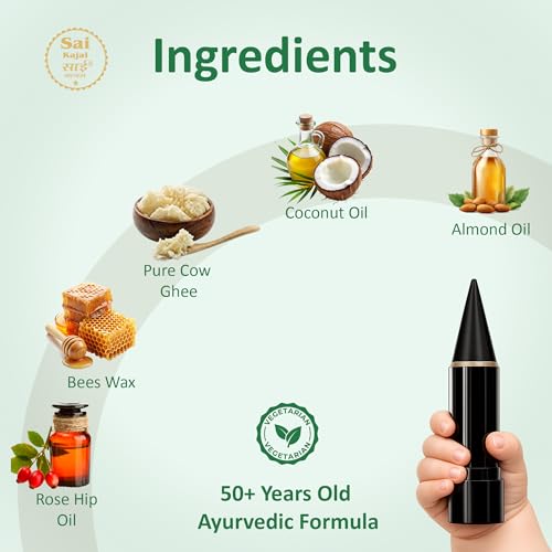 Image of Sai Baby Kajal Stick for Newborn 2.7g | 100% Natural & Chemical-Free | Dermatologically Tested & Safe for Babies Sensitive Eyes| Organic Ayurvedic Formulation infused with Desi Cow Ghee & Herbal Oils | Smudge-Proof & Water-Resistant | Safe for Newborns & Kids (Pack Of 1)