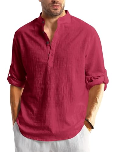 Image of Men's Cotton Blend Straight Kurta Shirt with Mandarin Collar - Slim Fit Casual Short Kurti Featuring Textured Slub Fabric and Roll-Up Full Sleeves