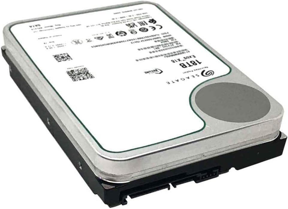 มุม view of Seagate Exos X18 18TB Hard Drive showing SATA data and power connectors