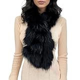 LVCOMEFF Women Real Fox Fur Scarf Fur Pom Poms Furry Fluffy Luxurious (black)