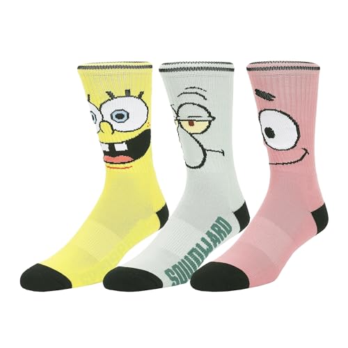 Bioworld Spongebob Squarepants Big Face Spongebob, Patrick and Squidward Mens Athletic Crew Socks 3 Pack