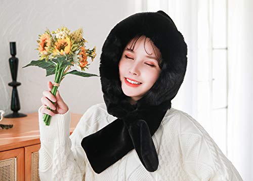 Women's Black Solid Fleece Hooded Scarf4