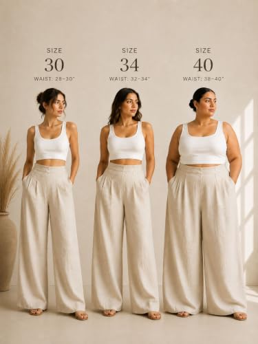 Image of Womanista Women's Relaxed Fit Pure Cotton Linen Flared Palazzo Pants for Woman | Wide Leg Casual Trouser with Pockets | Plazo pants for Women | High Waist Office & Travel Wear (Available in plus size)