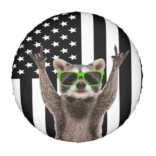 Image of Black White Flag Raccoon Spare Tire Cover for Rv Trailer Camper Truck SUV - Cute Raccoon Animal Wheel Protectors Cover Waterproof Fabric for Travel Camping Outdoor,Universal Fit,15 inch