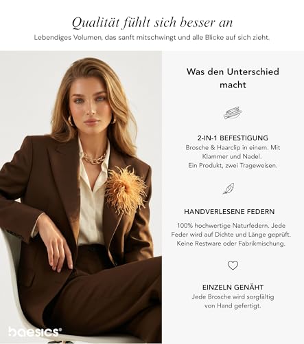 Baesics Federbrosche Damen Milchtee - Feder Brosche Anstecker Straußenfeder Fluffy | Ansteckblume Puschel Brosche zum Anstecken | Vintage für Hochzeit Braut Fasching Blazer Kleid