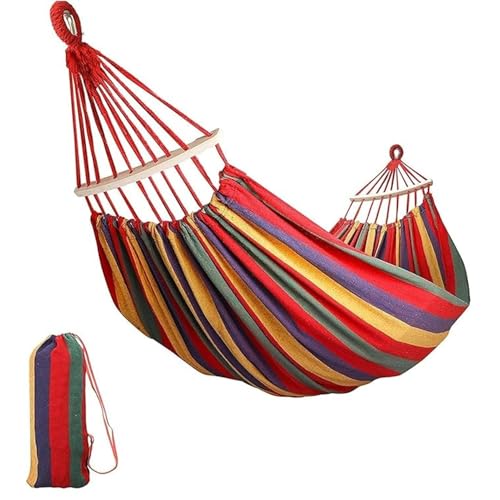Image of Baskety Double Person Cotton Canvas Hammock with Spreader Bars, Ultralight Travel & Camping Swing Bed for Balcony, Garden, Outdoor & Beach - Max Load 200KG, Red (280 x 100 cm)