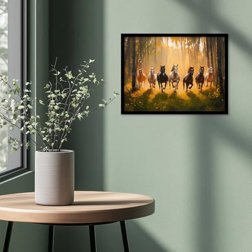 Image of HOTHOUSE 7 Horses Vastu Frame Wall Art Painting for Living Room Bedroom Office Home Decor | Seven Running Vastu Lucky Horse Rising Sun Painting Wall Decor Size (10X13 inch)