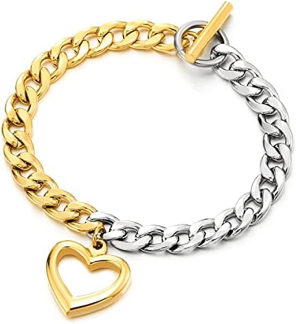 COOLSTEELANDBEYOND Womens Steel Silver Gold Color Two-tone Link Chain Bracelet with Dangling Heart Charm, Hook Closure