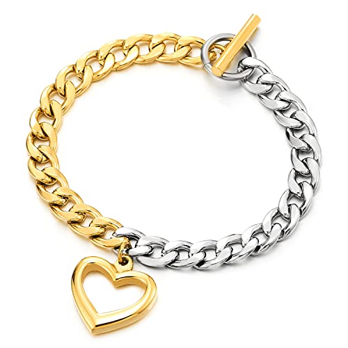 Coolsteelandbeyond Womens Steel Silver Gold Color Two-Tone Link Chain Bracelet With Dangling Heart Charm, Hook Closure #TOP10
