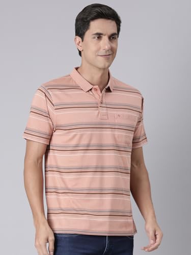Image of Classic Polo Men's Half Sleeve Dark Orange Polo Neck Authentic Fit Striped Cotton Blend T-Shirt