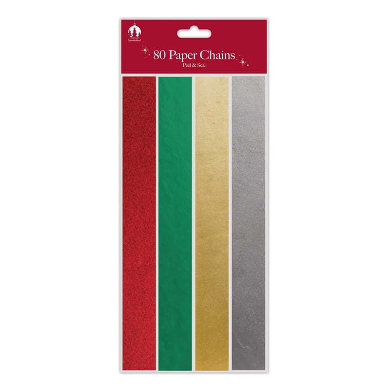 M1SS Pack of 400 - Christmas Foil Paper Chains – Metallic Silver, Gold, Red & Green – DIY Pre-Gummed Paper Garland Strips for Handmade Festive Christmas Decorations, Ceiling, Tree & Party Décor