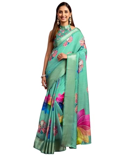Image of SIRIL Women's Dola Silk Printed Jacquard Border Ready To Wear Saree with Unstitched Blouse Piece