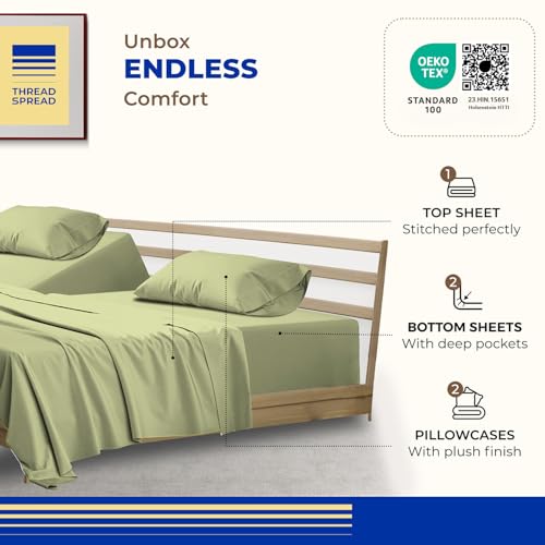 Image of THREAD SPREAD Split King Sheet Set, Luxury 1000 Series Paradise Collection 100% Egyptian Cotton Split King Sheets Sets for Adjustable Bed (5 PC, Sage Green), Soft, 16 inch Deep Pocket Hotel Sheets