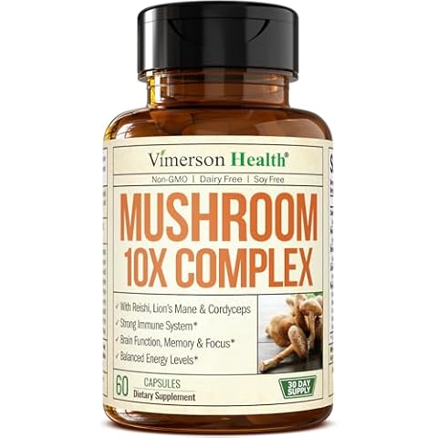 10-in-1 Mushroom Powder Supplement - Lion’s Mane Powder, Reishi Mushroom, Cordyceps, Chaga & more. Mushroom Complex Capsules for Memory, Focus, Immune Support, Energy. 60 Turkey Tail Mushroom Capsules Cover