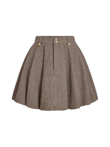 MakeMeChic Women's Houndstooth Plaid Pleated Mini Skirt A Line Y2K Preppy Skirts Coffee Brown Large
