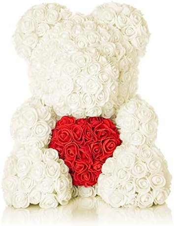 The Forever Rose Teddy Bear for Valentines - Gorgeous 14" Teddy Bear Made with Handmade Roses in Elegant, Fancy Valentine Gift Box (Champagne White w/Red Heart)