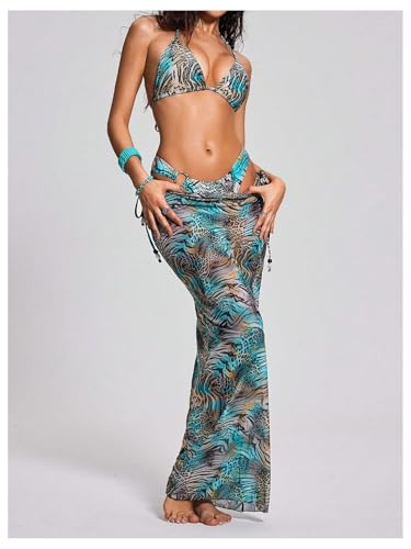 Verdusa Women's 3 Piece Cheetah Print Halter Bikini Set Animal Pattern Swimsuits with Cover Up Skirt4