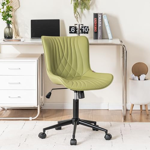 Image of YOUNIKE Office Chair, Armless Desk Chair with Wheels, Home Office Computer Task Chairs, Modern Faux Leather Padded Vanity Chair, Adjustable Swivel Rolling Chairs with Back, Avocado Green