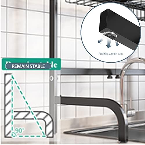 KINGRACK Over Sink Dish Drainer Rack, 3 Tier Adjustable Length and Height, Large Space Dish Rack with Cutlery Holders, Hooks, Cup Holder, etc, Black