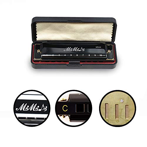 MIMIDI Diatonic Harmonica, 10 Hole Key C Blues Harmonica for Kids, Adults, Students, Professional Player and Beginner with Hard Case and Cloth (Black)