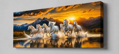 Image of 7 Horse Vastu Sunrise Canvas Painting | Positive Energy Wall Decor | Big Size Premium Running Horses Artwork for Home, Office & Hall Decoration (Modern, Hills White, 44x20 Inch)