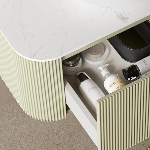 Image of KEIKI 36 inch Bathroom Vanity Cabinet with Sink Combo, Wall Mounted Curved Edges Striped Floating Bathroom Vanity with Soft-Close Drawer, White Round Ceramic Basin Without Faucet, Light Green