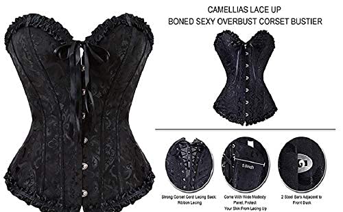 Evababy Sexy Floral Boned Corset Top Overbust Body Shaper Steel Hook Bustier For Women Black X Large #TOP3