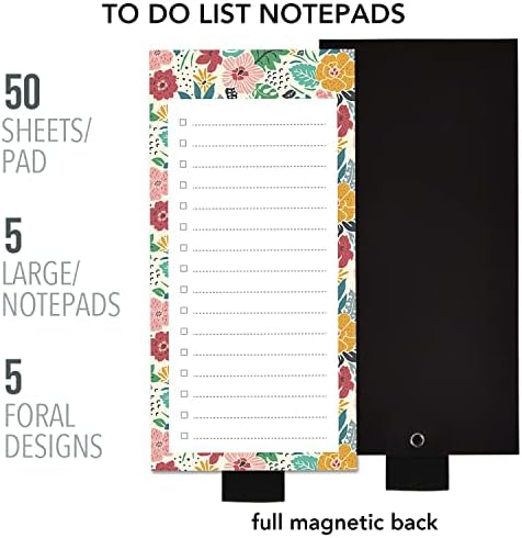5 Pack Full Magnetic Notepads for Fridge with Pen Holder, Tulips Tropical Flower Bloom Plants, 6" x 3", 50 Sheets, Magnet Memo Pad for Fridge, Locker, File Cabinet, to Do List, Grocery Shopping