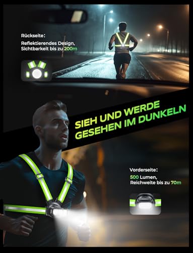 Rolgno 500 Lumen Lauflicht, Lauflampe Joggen mit 360° Reflektoren, Wiederaufladbar Brustlampe, 45° Verstellbar, 7 Modi & IPX4 Wasserdichter Running Light Stirnlampenzubehör für Nachtlauf