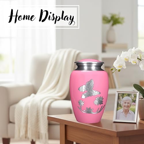 Image of ALPHA Living HOME Cremation Urns for Human Ashes Adult, Handcrafted Aluminum Memorial Urn, Butterfly Engraving, Velvet Carry Bag, Secure Screw Lid Funeral Burial Urn for Adult Male Female, Pink Silver