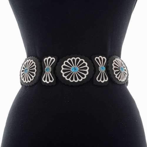 Navajo Sleeping Beauty Turquoise Silver Concho Belt Sterling on Genuine Leather 0134 - Image 2