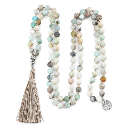YAUKIA 99 Natural Amazonite Beads Boho Long Tassel Necklaces with Pendant