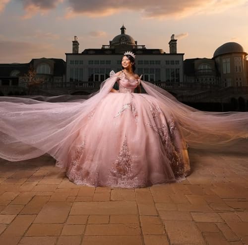 Pink Ball Gown Quinceanera Wedding Bridesmaid Formal Dresses With Cape Puffy Sleeves Sequined Applique Adult Tulle Corset Big Bow Ruched For Women Teens Kids Girls 12 #TOP4