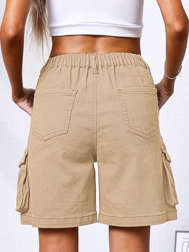 ايليفين شورت برمودا كارجو للنساء، شورت بخصر مرتفع مرن و6 جيوب بطول 7 انش، شورت صيفي كاجوال للنساء، كاكي، مقاس M