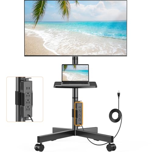 Perlegear Mobile TV Cart, Clip-On Integrated Power Supply, Rolling TV Stand Portable for 23-60″ TVs (up to 88 lbs), 3 Height Levels with Adjustable Tray, TV Stand with Wheels, Max VESA 400x400mm
